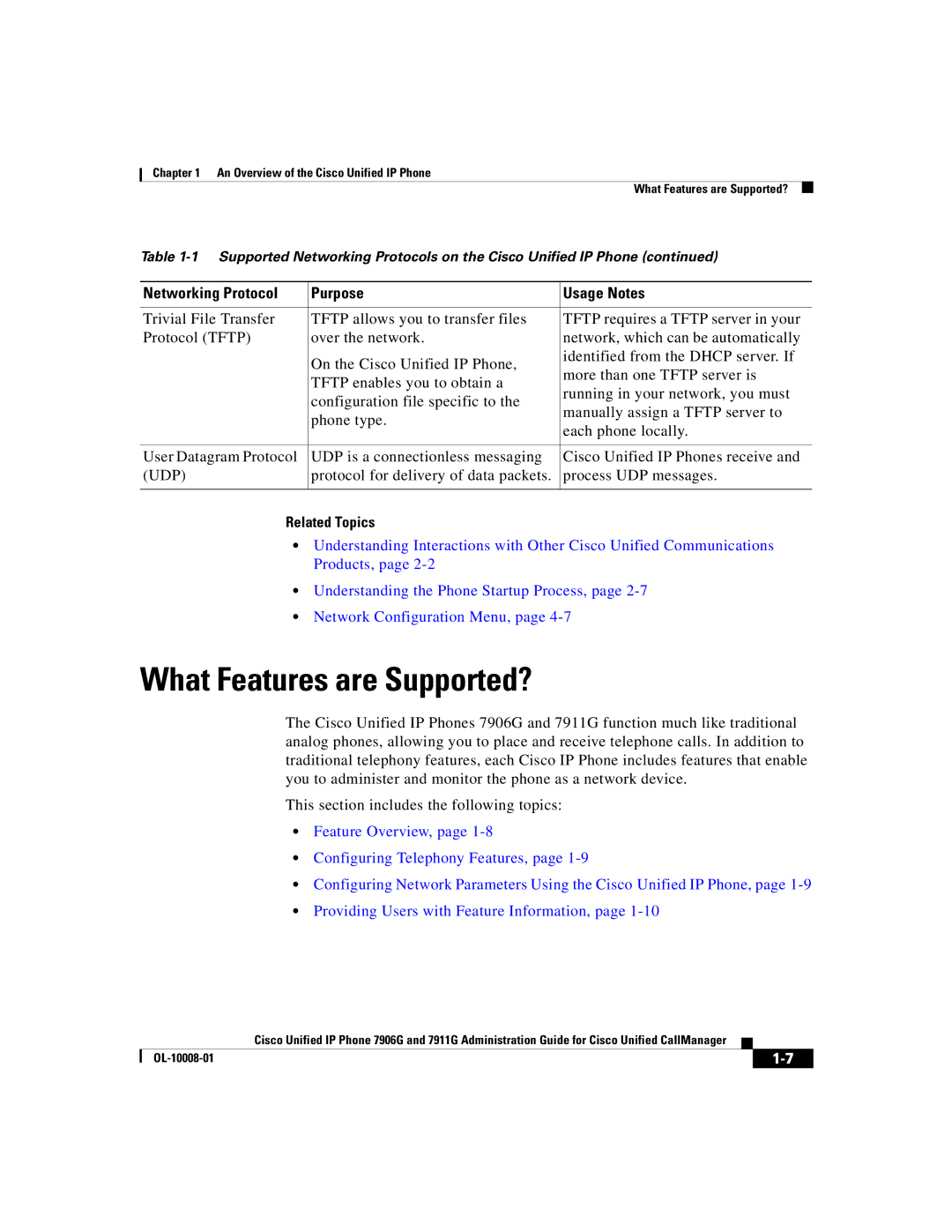Cisco Systems 7911G, 7906G manual What Features are Supported?, Udp, Related Topics 