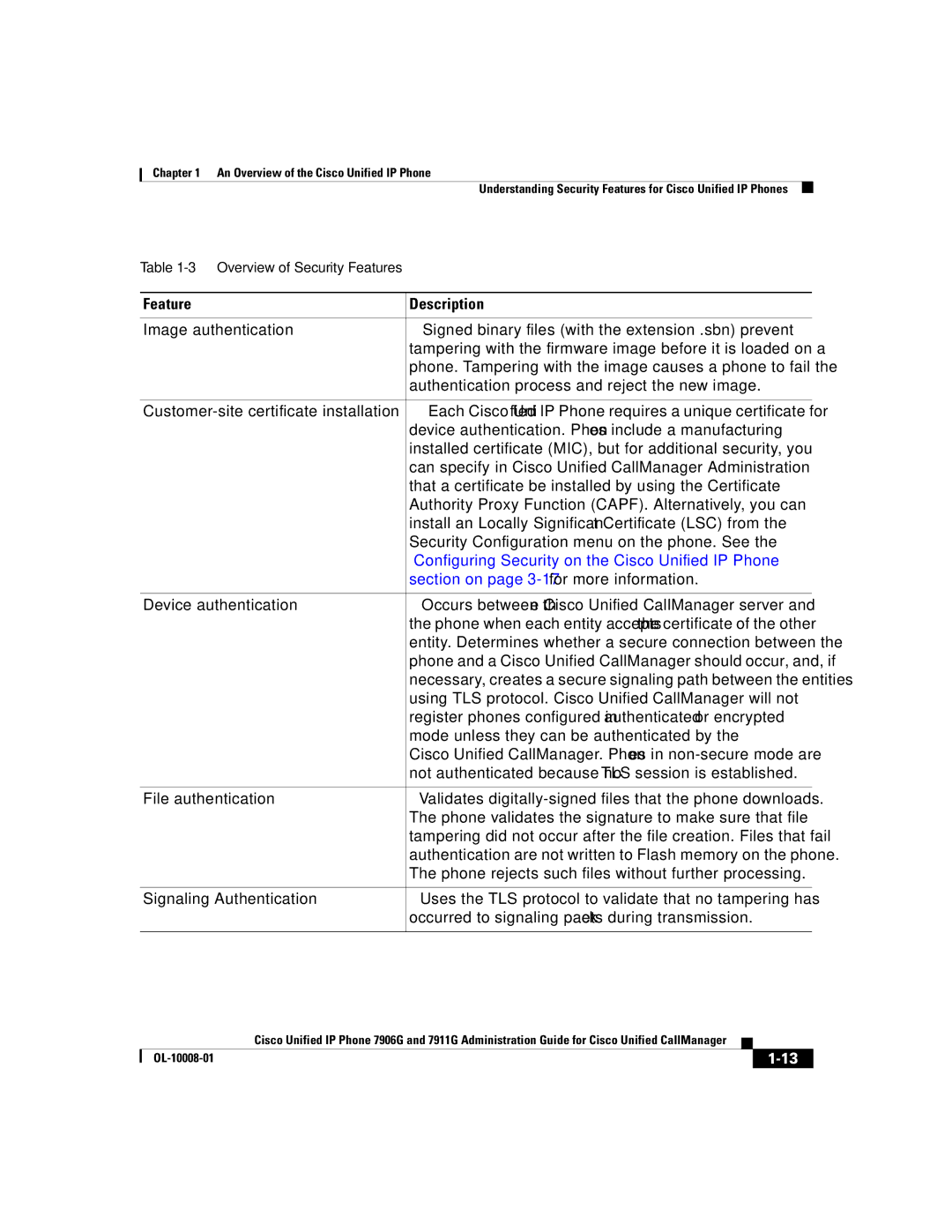 Cisco Systems 7911G, 7906G manual Feature Description, Configuring Security on the Cisco Unified IP Phone 