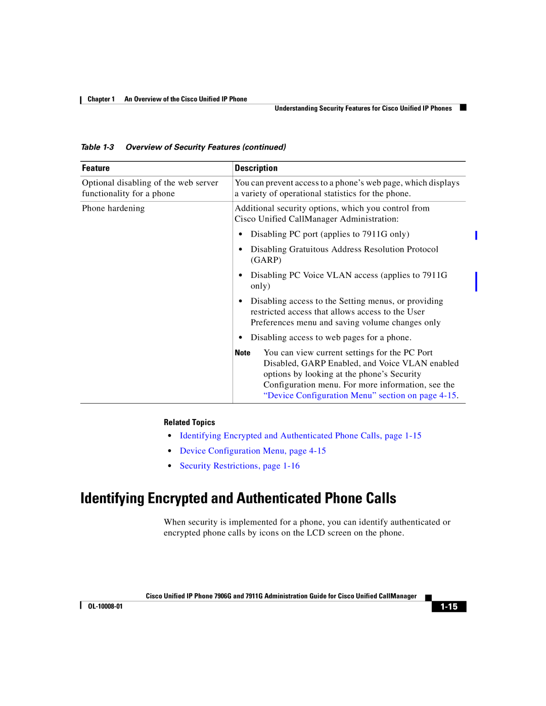 Cisco Systems 7911G, 7906G Identifying Encrypted and Authenticated Phone Calls, Garp, Device Configuration Menu section on 