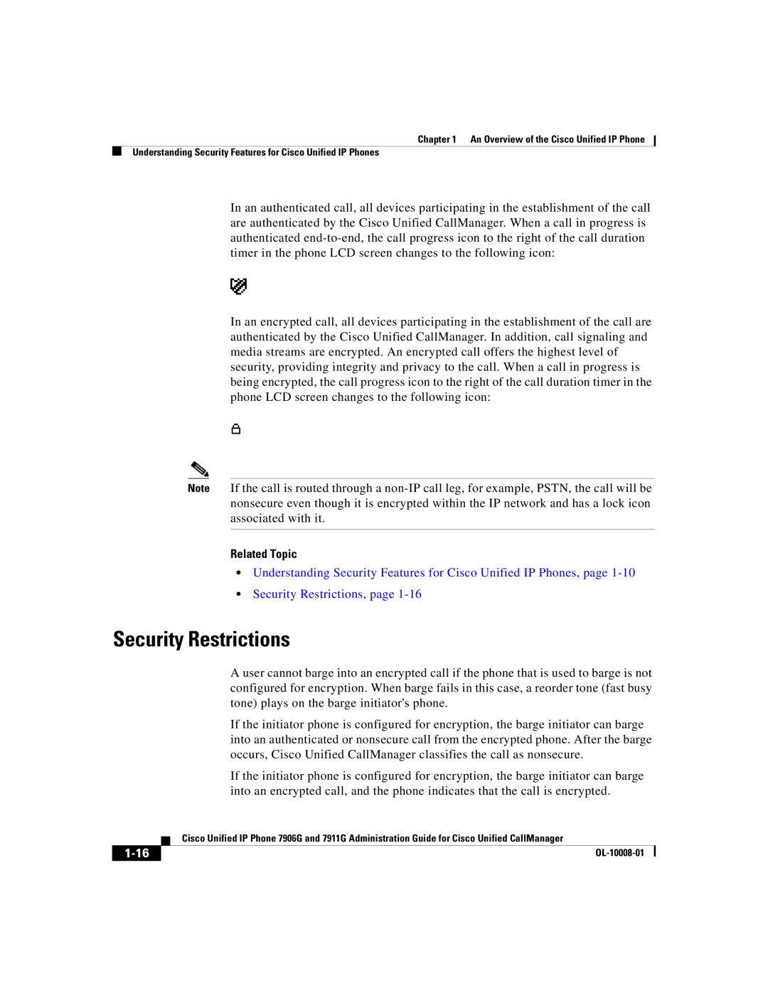 Cisco Systems 7906G, 7911G manual Security Restrictions, Related Topic 