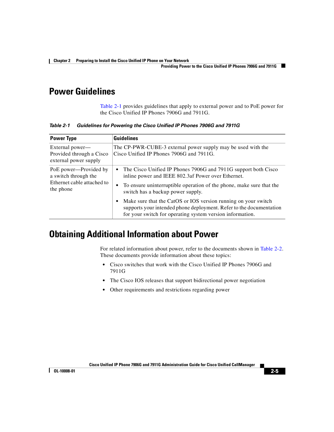 Cisco Systems 7911G, 7906G manual Power Guidelines, Obtaining Additional Information about Power, Power Type Guidelines 