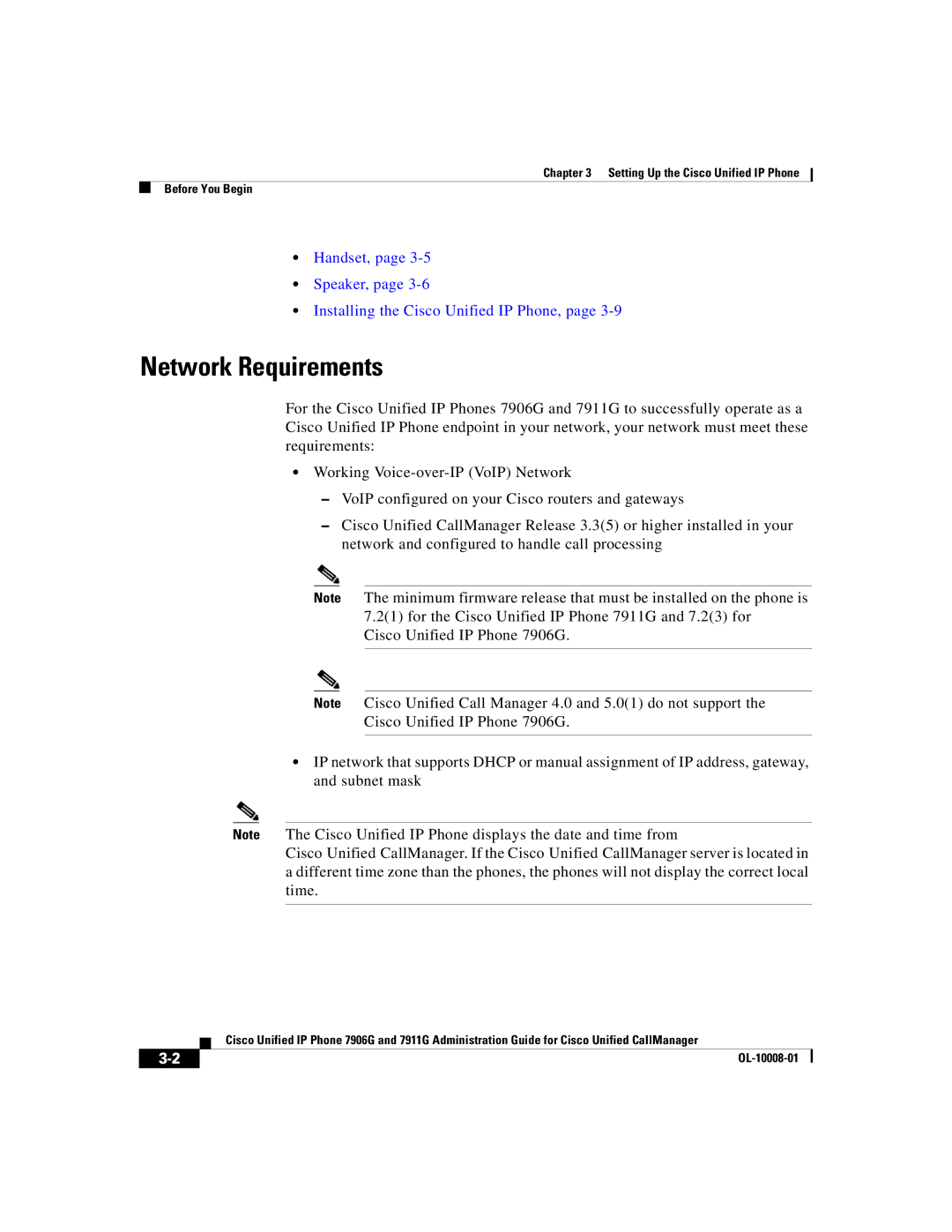 Cisco Systems 7906G, 7911G manual Network Requirements, Handset, Speaker, Installing the Cisco Unified IP Phone 