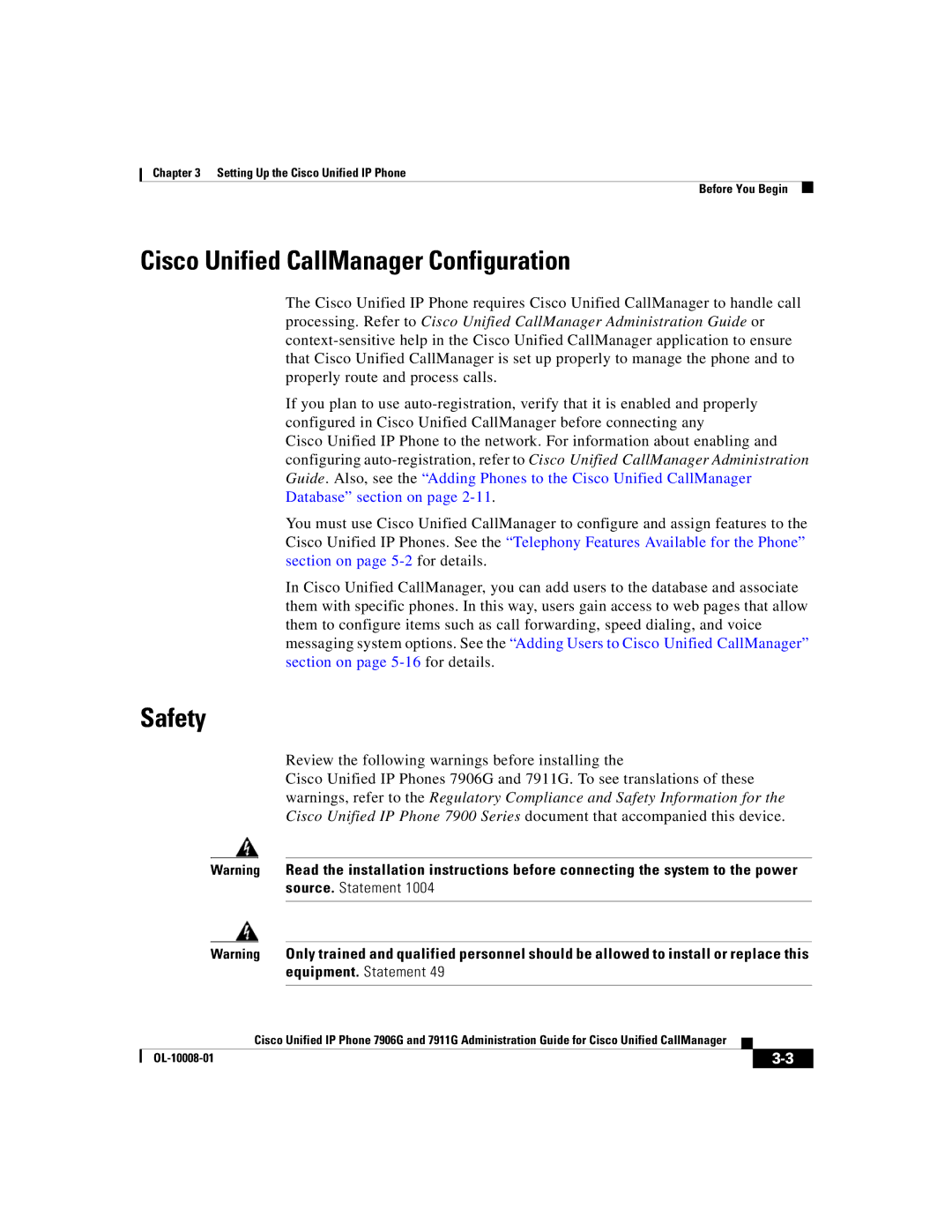 Cisco Systems 7911G, 7906G manual Cisco Unified CallManager Configuration, Safety 