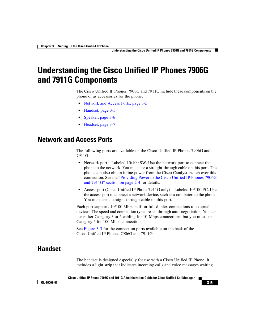Cisco Systems 7911G, 7906G manual Network and Access Ports, Handset, Speaker, Headset 