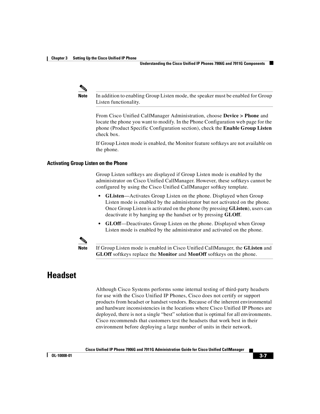 Cisco Systems 7911G, 7906G manual Headset, Activating Group Listen on the Phone 