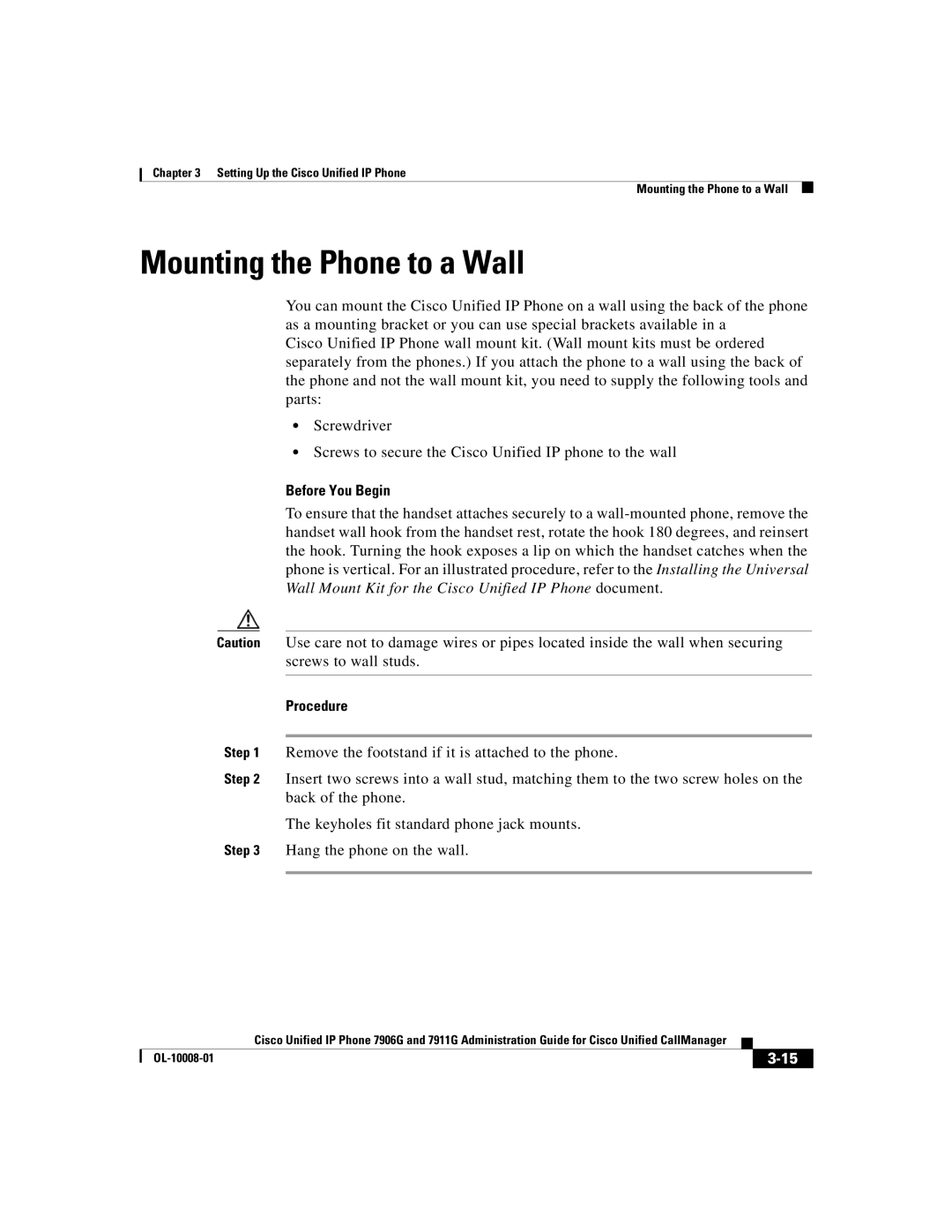 Cisco Systems 7911G, 7906G manual Mounting the Phone to a Wall, Before You Begin, Procedure 