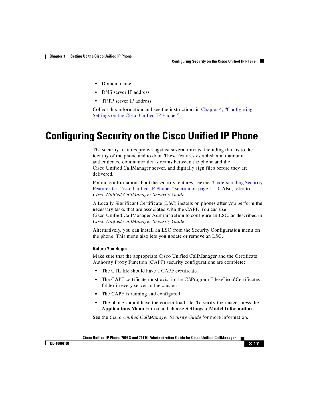 Cisco Systems 7911G, 7906G manual Configuring Security on the Cisco Unified IP Phone, Settings on the Cisco Unified IP Phone 