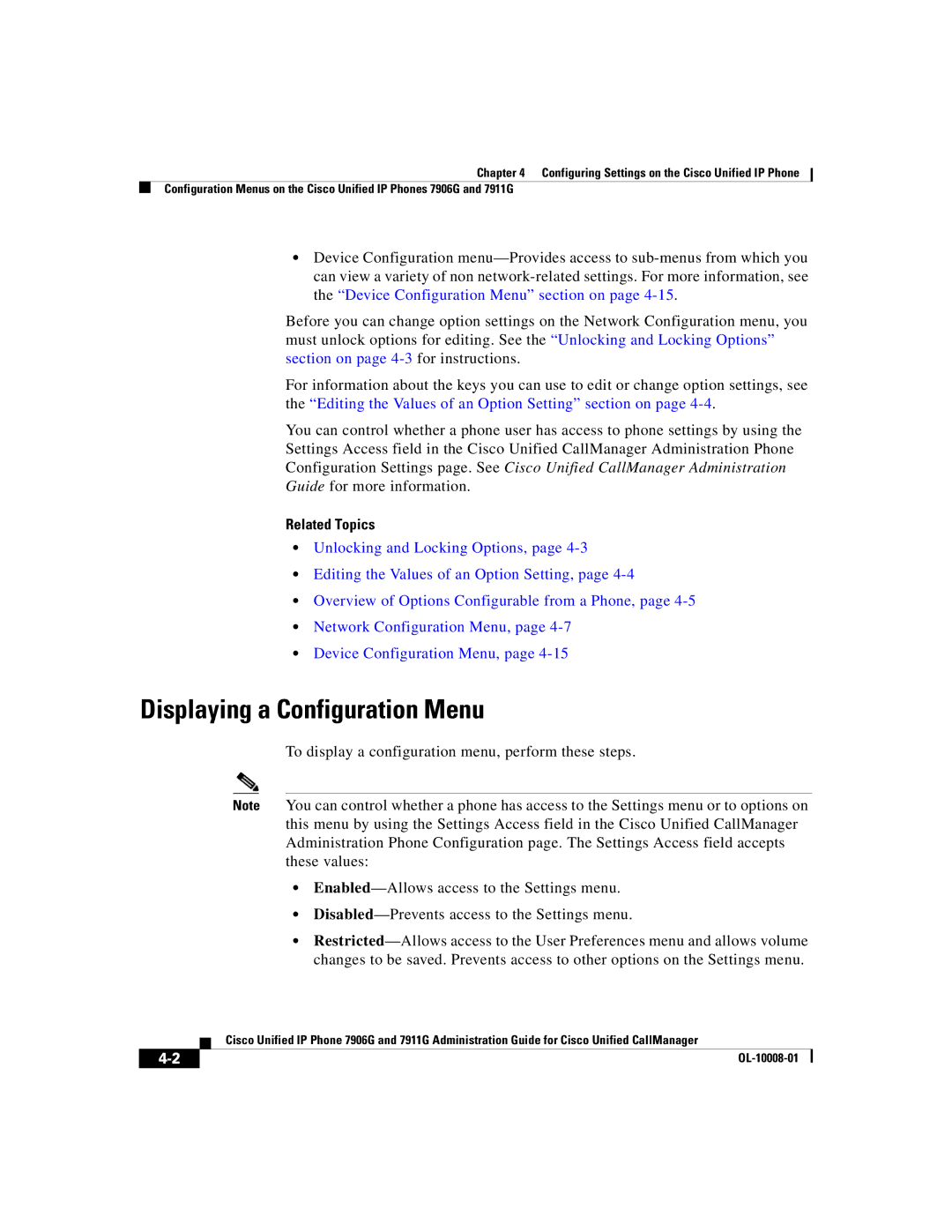 Cisco Systems 7906G, 7911G manual Displaying a Configuration Menu, Related Topics 