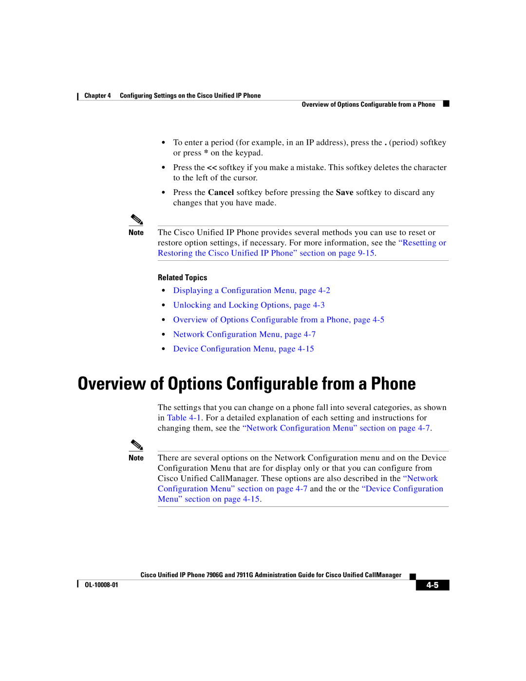 Cisco Systems 7911G, 7906G manual Overview of Options Configurable from a Phone 