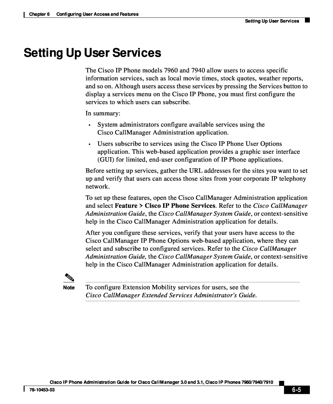 Cisco Systems 7910 user service Setting Up User Services, Cisco CallManager Extended Services Administrators Guide 