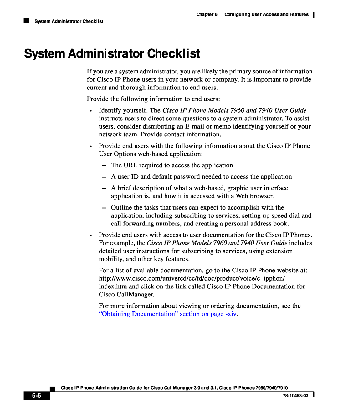 Cisco Systems 7910 user service System Administrator Checklist 