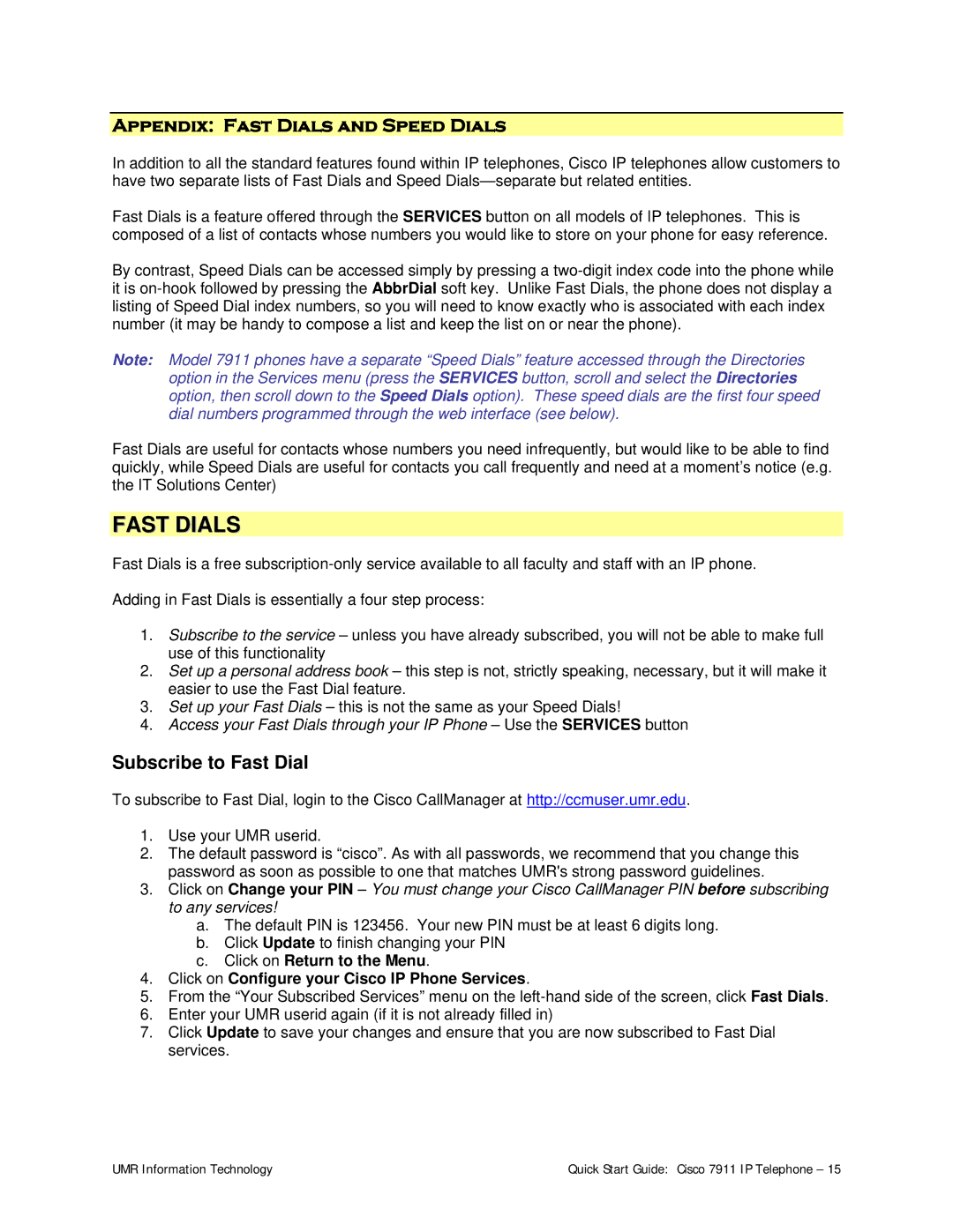 Cisco Systems 7911 quick start Appendix Fast Dials and Speed Dials 