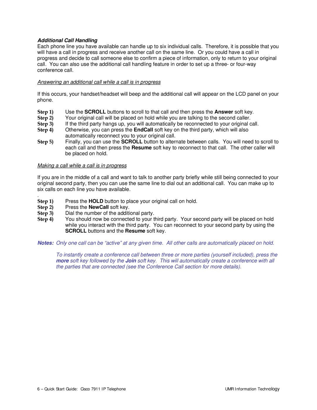 Cisco Systems 7911 quick start Additional Call Handling, Answering an additional call while a call is in progress 