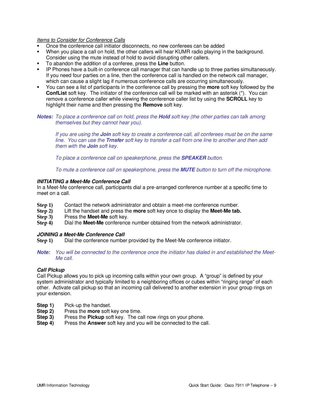 Cisco Systems 7911 quick start Initiating a Meet-Me Conference Call, Joining a Meet-Me Conference Call, Call Pickup 