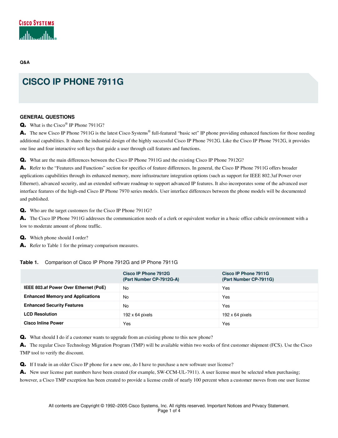 Cisco Systems manual Cisco IP Phone 7911G, General Questions 