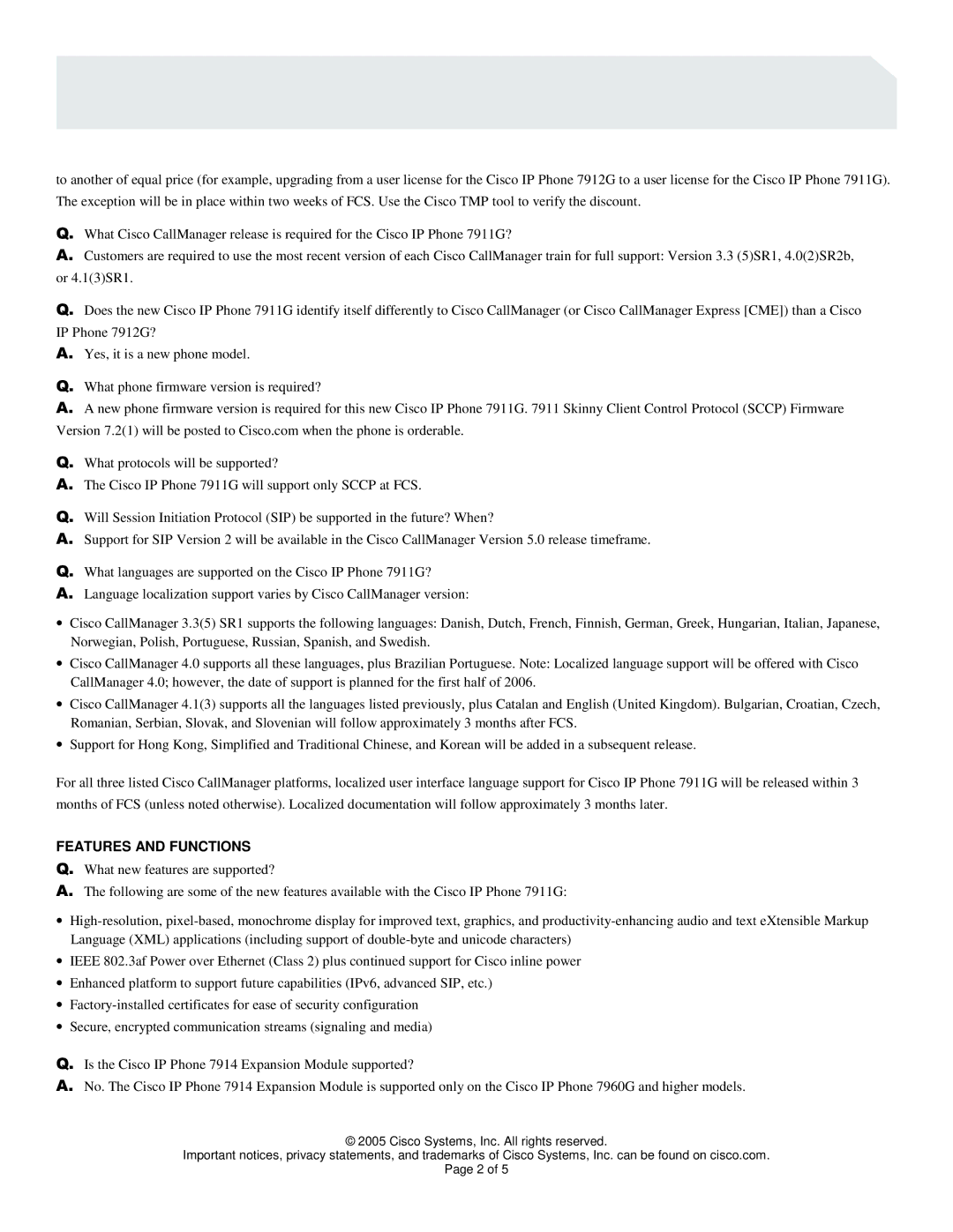 Cisco Systems 7911G manual Features and Functions 