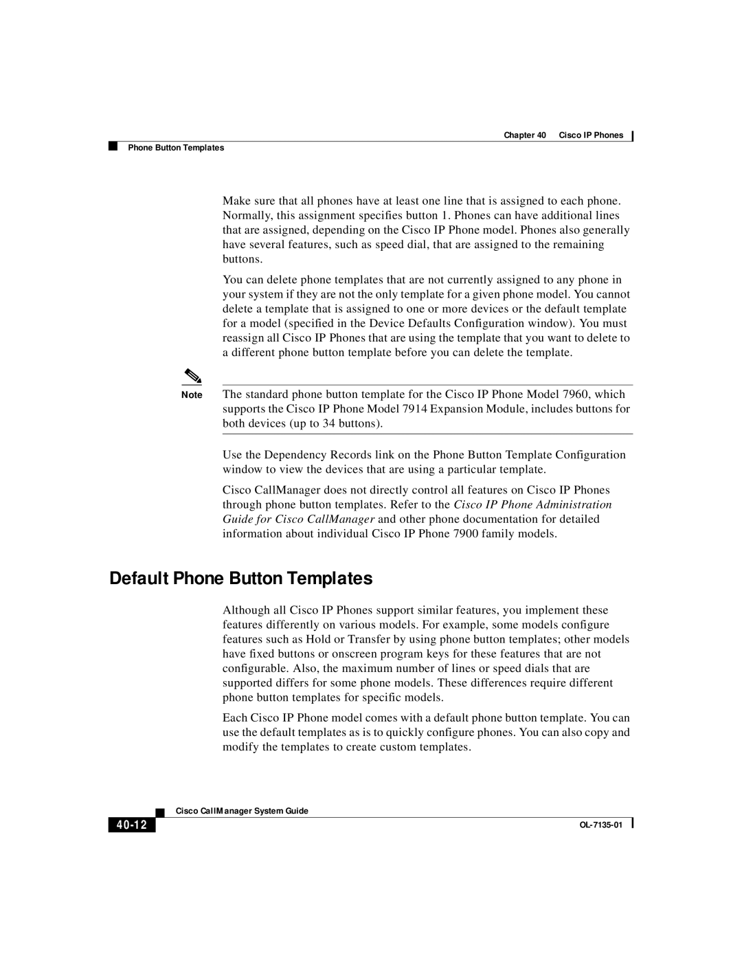 Cisco Systems 7914, 7936, 7935, 12 series manual Default Phone Button Templates, 40-12 