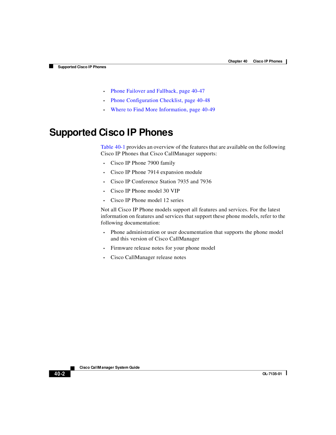 Cisco Systems 7935, 7914, 7936, 12 series manual Supported Cisco IP Phones, 40-2 