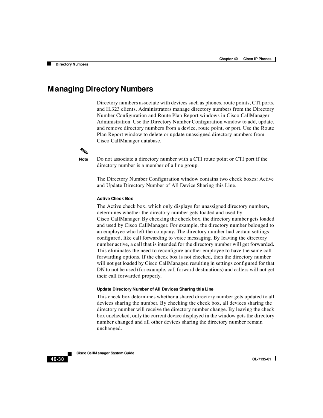 Cisco Systems 7935 Managing Directory Numbers, Active Check Box, Update Directory Number of All Devices Sharing this Line 