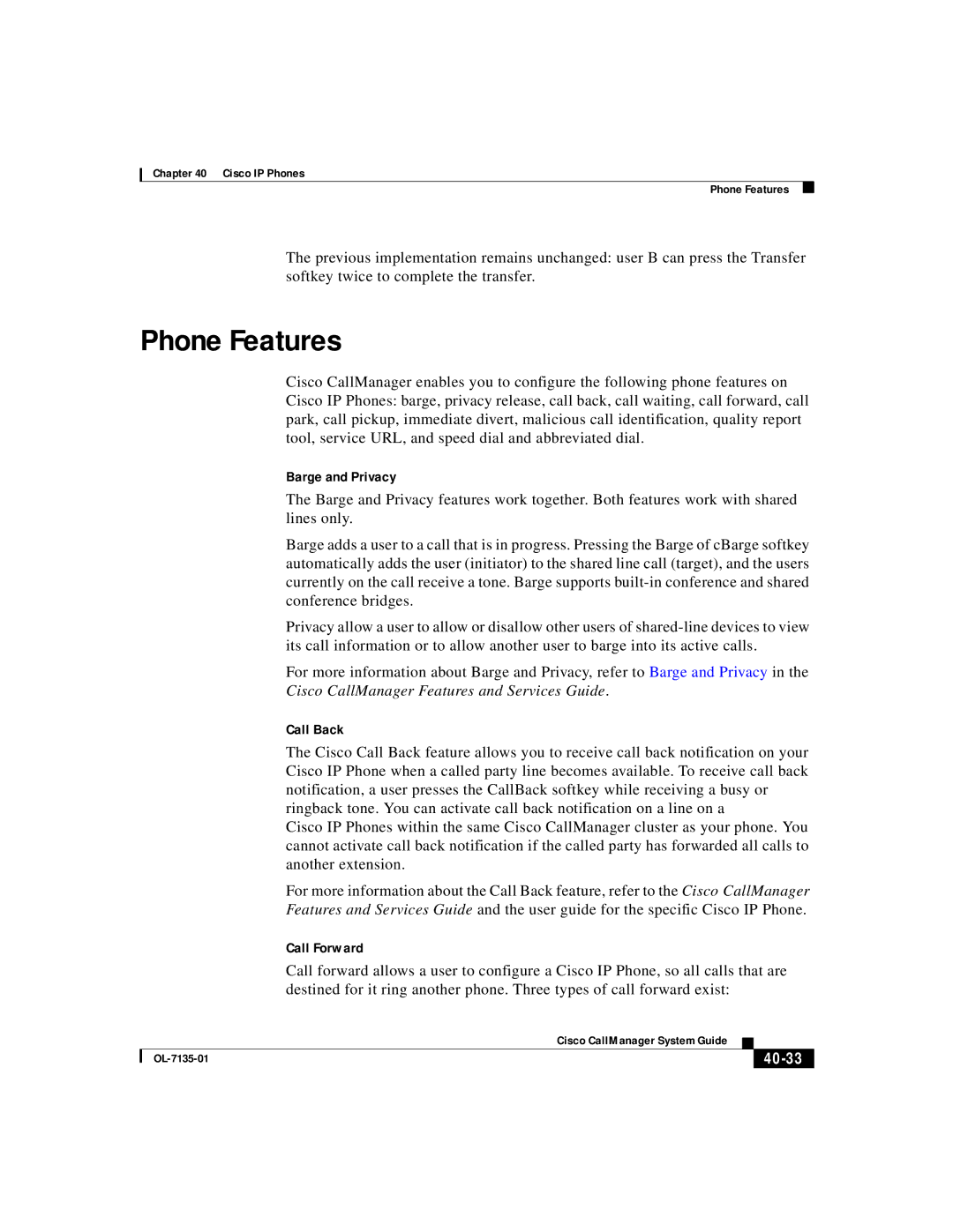 Cisco Systems 7936, 7914, 7935, 12 series manual Phone Features, Barge and Privacy, Call Back, Call Forward, 40-33 