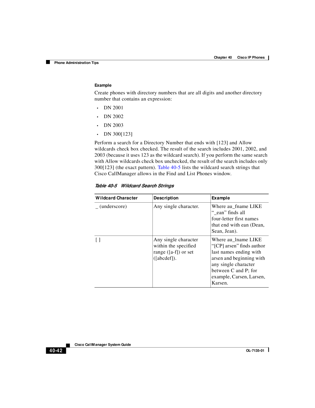 Cisco Systems 7935, 7914, 7936, 12 series manual Wildcard Character Description Example, 40-42 