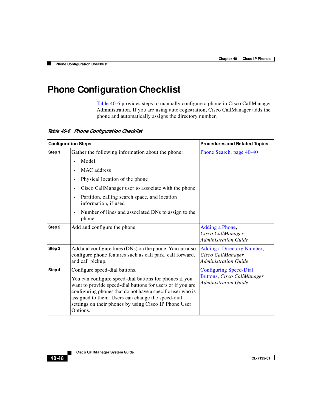 Cisco Systems 7914, 7936, 7935, 12 series manual Phone Configuration Checklist, Configuration Steps, 40-48 