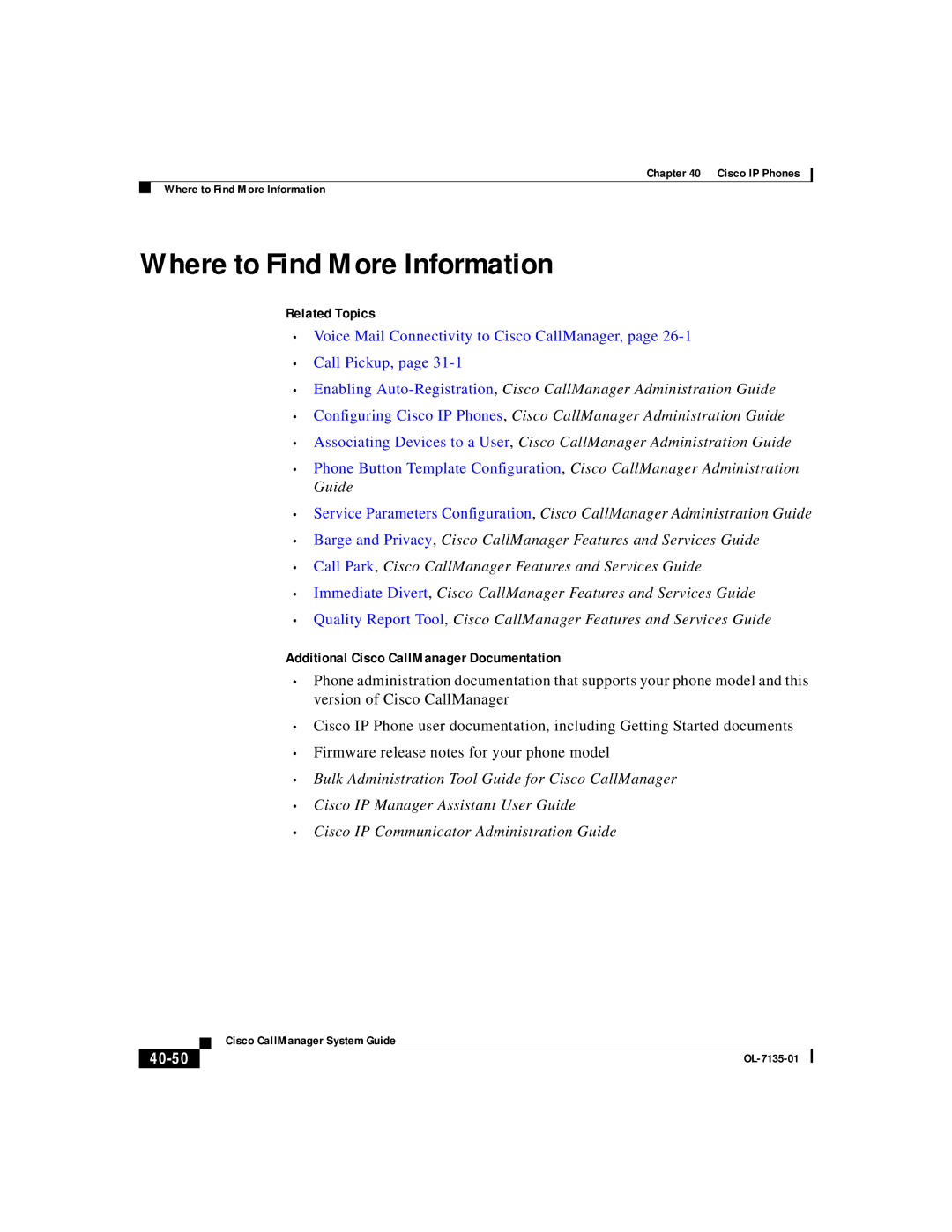 Cisco Systems 7935, 7914 Where to Find More Information, Related Topics, Additional Cisco CallManager Documentation, 40-50 