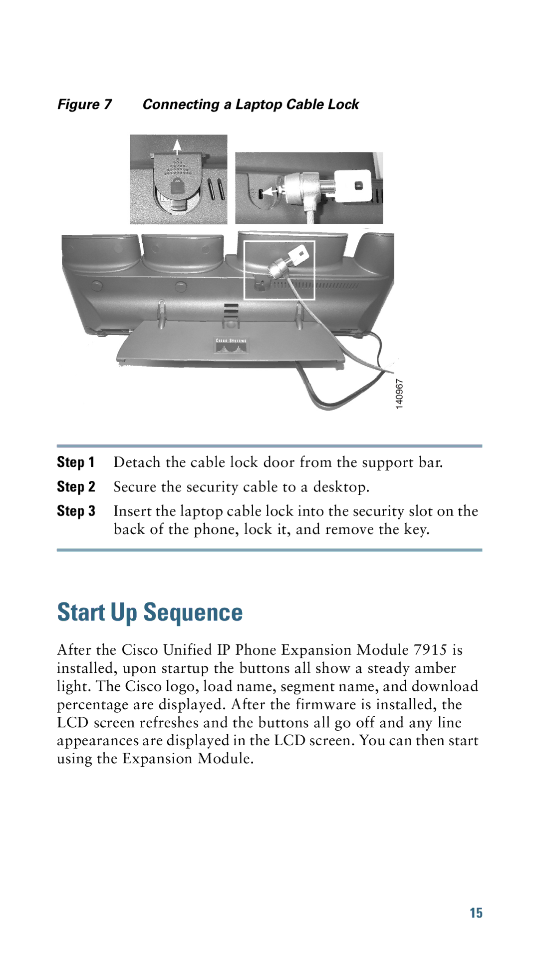 Cisco Systems 7915 warranty Start Up Sequence, Connecting a Laptop Cable Lock 