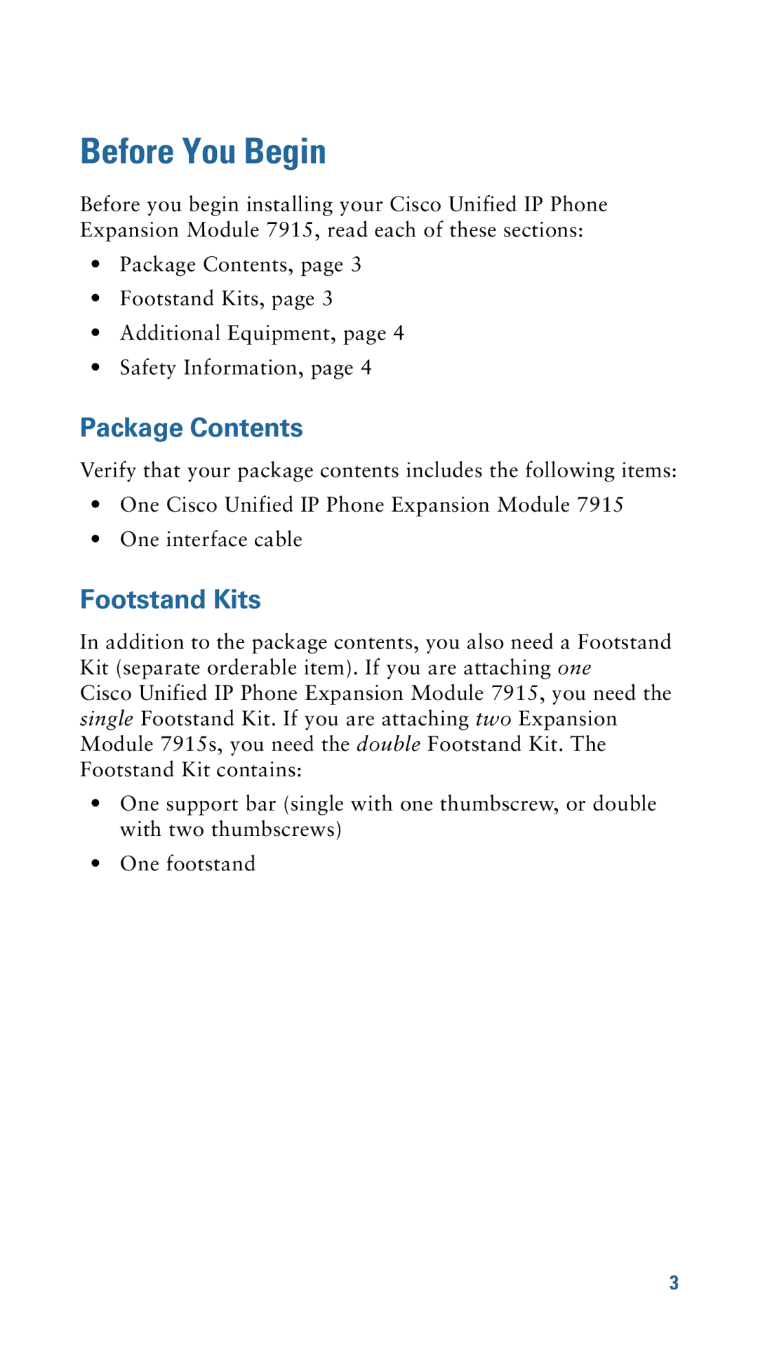 Cisco Systems 7915 warranty Before You Begin, Package Contents, Footstand Kits 