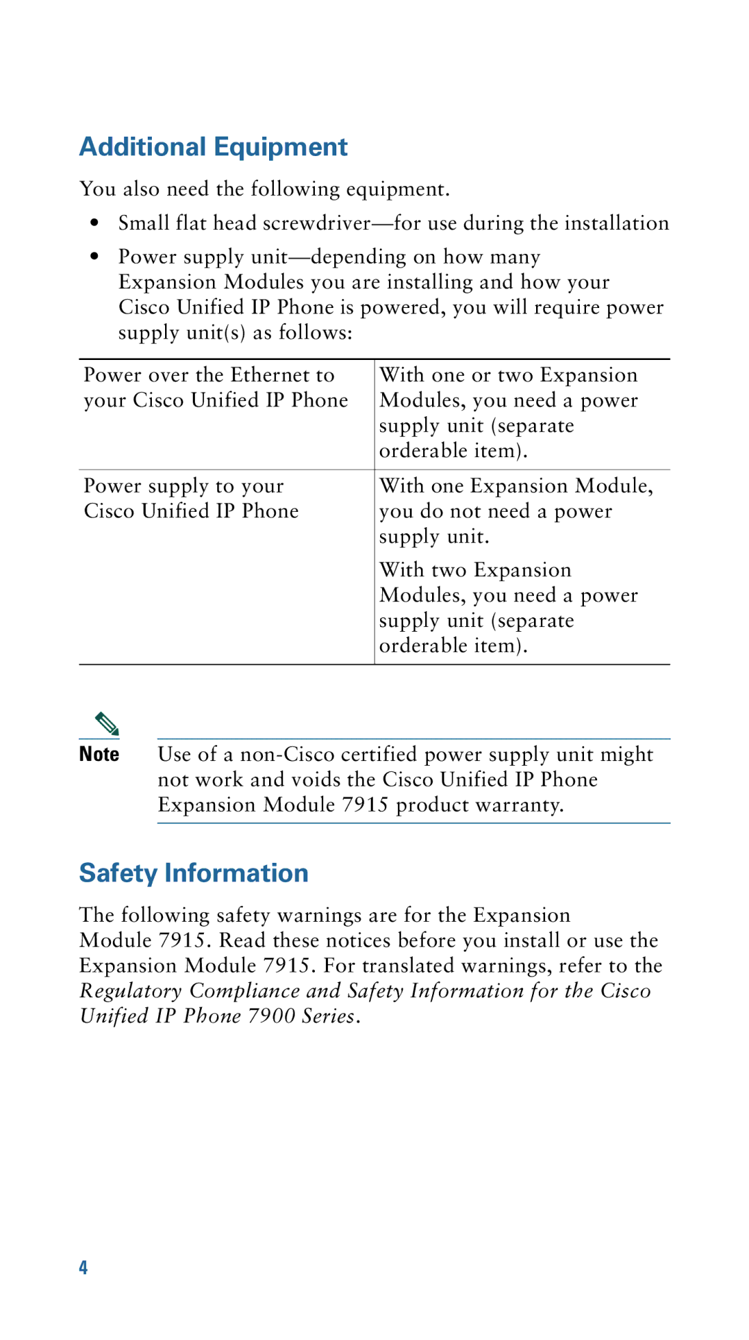 Cisco Systems 7915 warranty Additional Equipment, Safety Information 