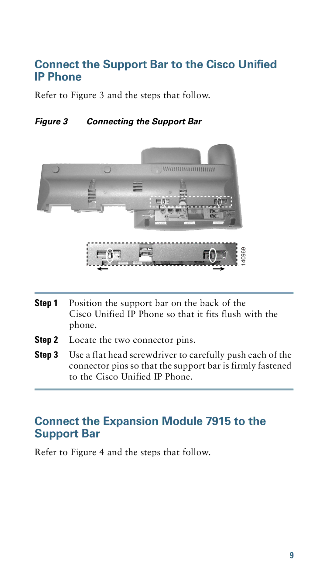 Cisco Systems 7915 warranty Connect the Support Bar to the Cisco Unified IP Phone 