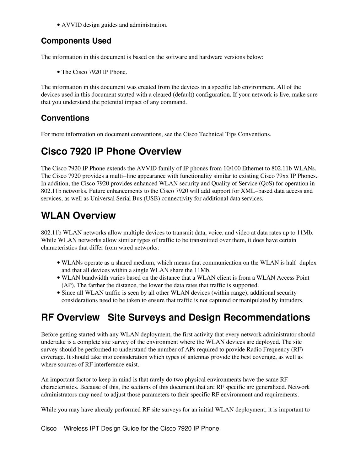 Cisco Systems manual Cisco 7920 IP Phone Overview, Wlan Overview, RF Overview Site Surveys and Design Recommendations 