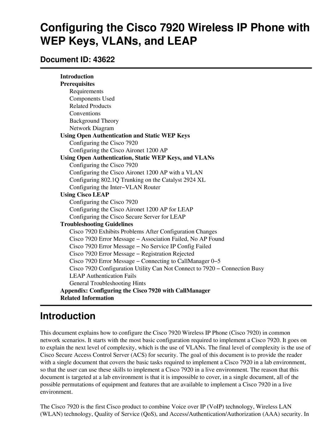 Cisco Systems 7920 appendix Introduction, Document ID 