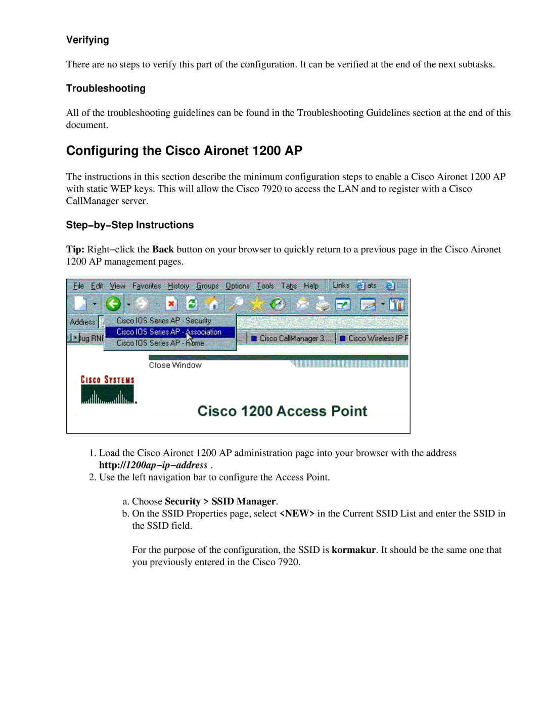 Cisco Systems 7920 appendix Configuring the Cisco Aironet 1200 AP, Verifying, Troubleshooting, Choose Security Ssid Manager 