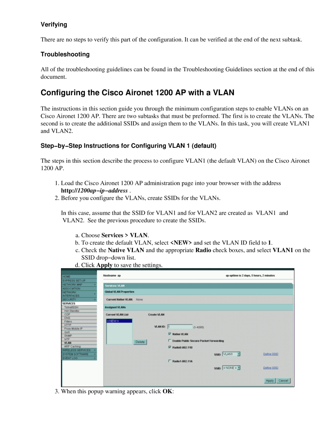 Cisco Systems 7920 appendix Configuring the Cisco Aironet 1200 AP with a Vlan, Choose Services Vlan 