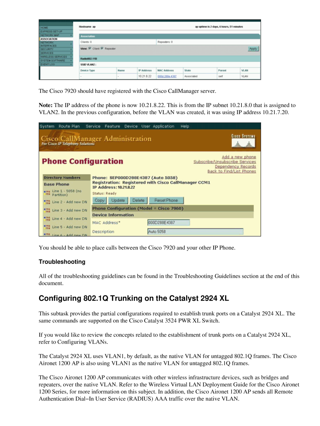 Cisco Systems 7920 appendix Configuring 802.1Q Trunking on the Catalyst 2924 XL, Troubleshooting 