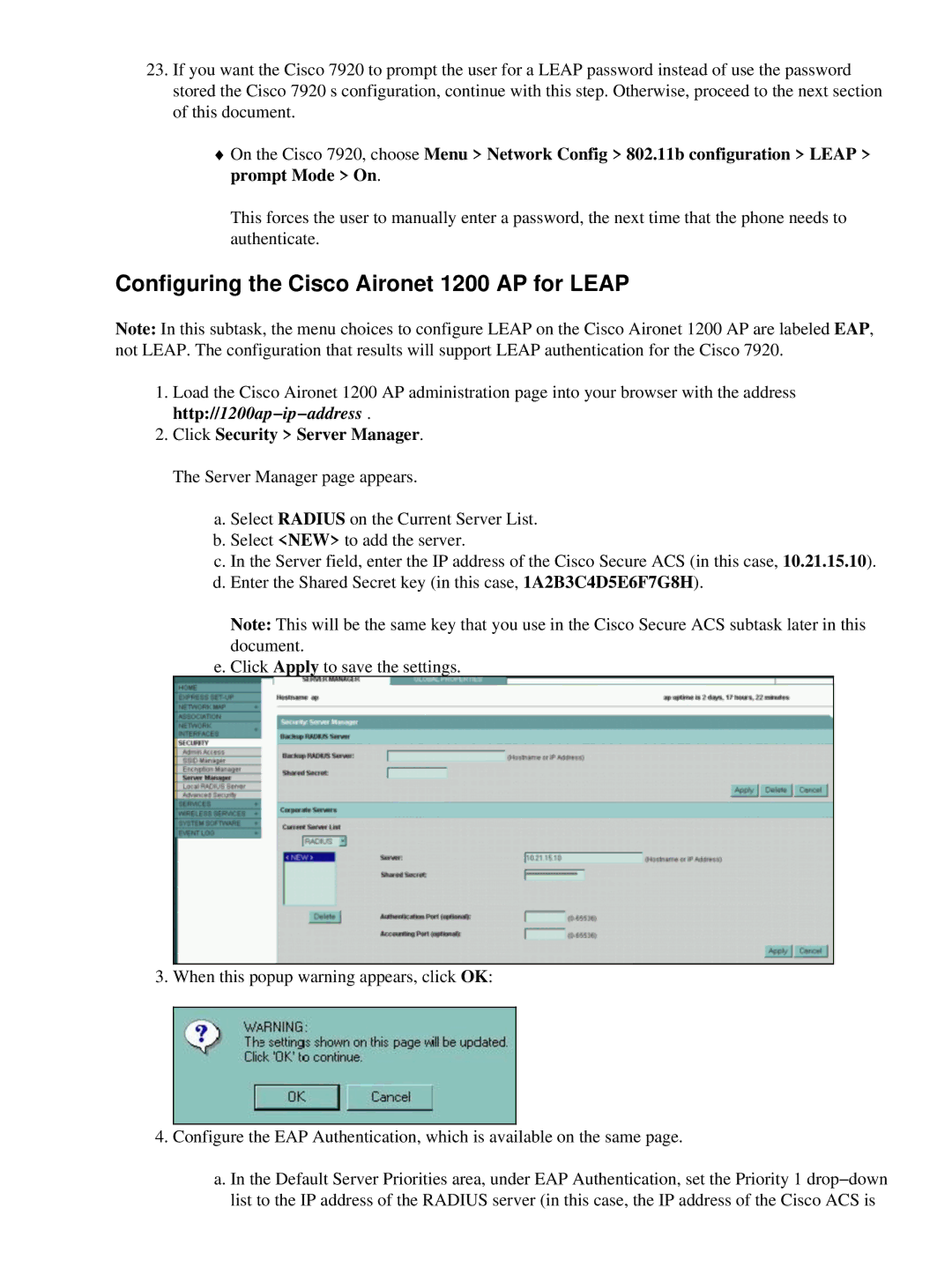 Cisco Systems 7920 appendix Configuring the Cisco Aironet 1200 AP for Leap, Click Security Server Manager 