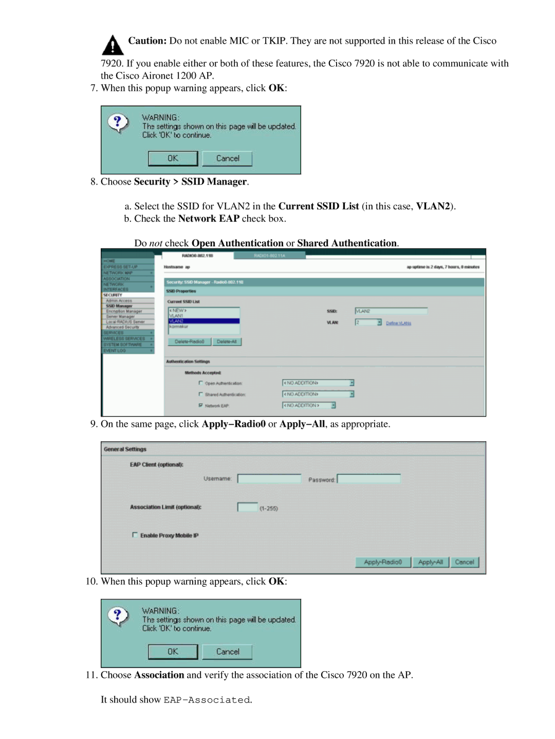 Cisco Systems 7920 appendix Choose Security Ssid Manager, Do not check Open Authentication or Shared Authentication 