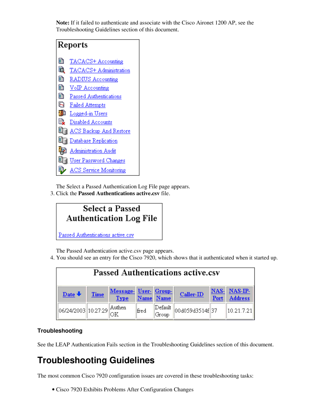 Cisco Systems 7920 appendix Troubleshooting Guidelines, Click the Passed Authentications active.csv file 