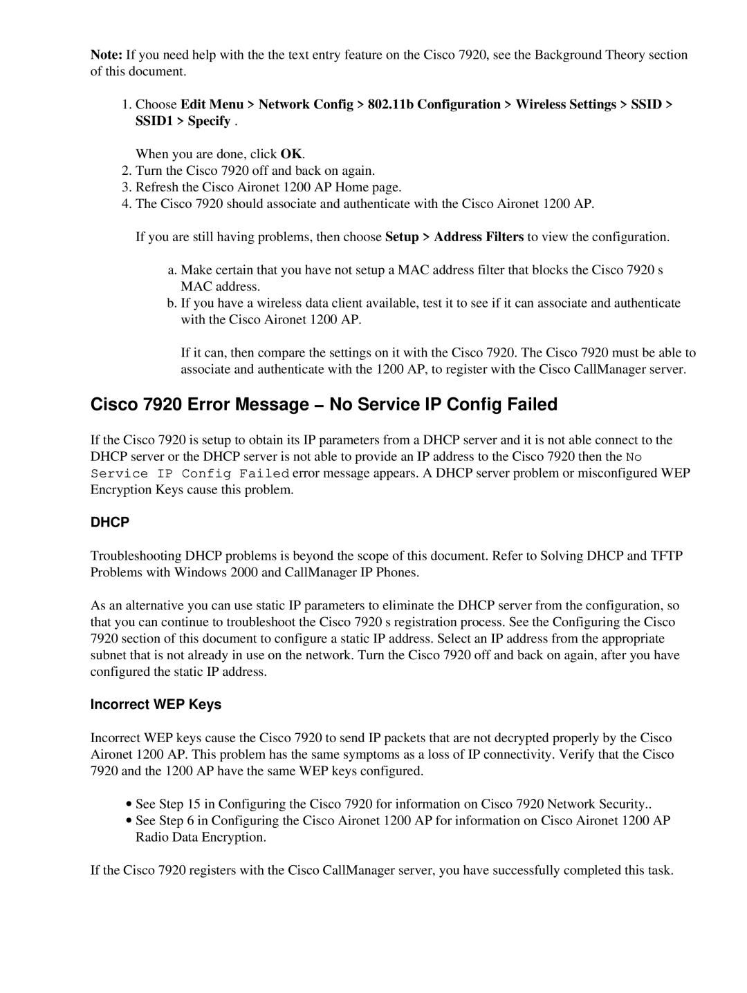 Cisco Systems appendix Cisco 7920 Error Message − No Service IP Config Failed, Incorrect WEP Keys 