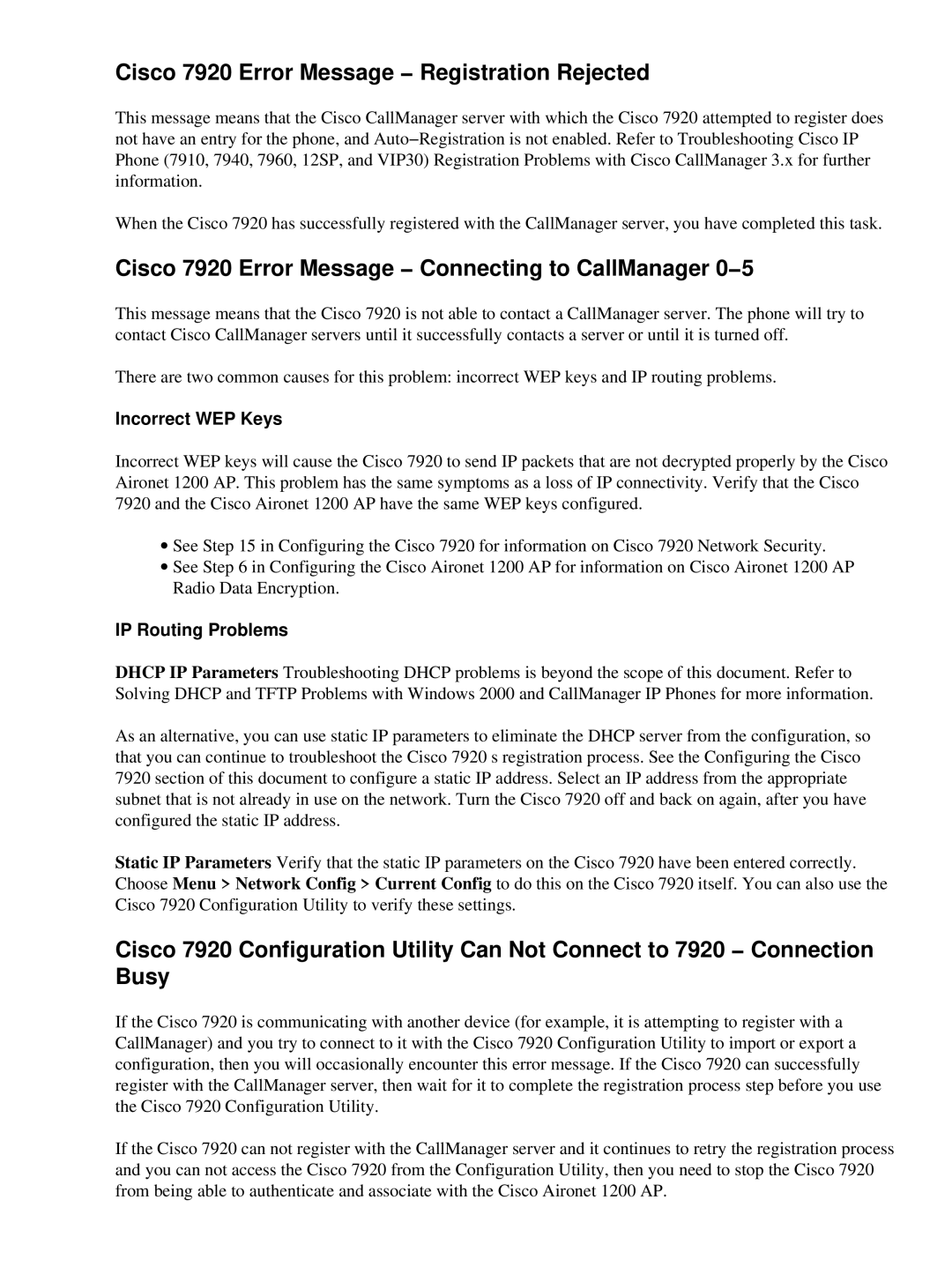 Cisco Systems appendix Cisco 7920 Error Message − Registration Rejected, IP Routing Problems 