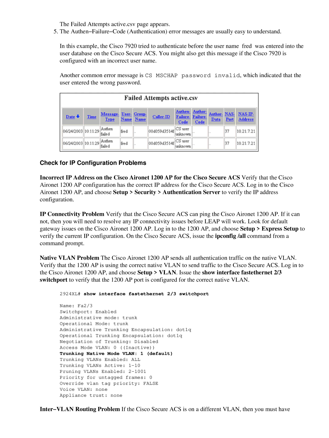 Cisco Systems 7920 appendix Check for IP Configuration Problems, Trunking Native Mode Vlan 1 default 