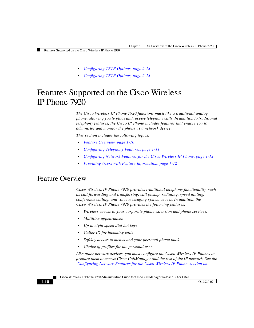 Cisco Systems 7920 manual Features Supported on the Cisco Wireless IP Phone, Feature Overview 