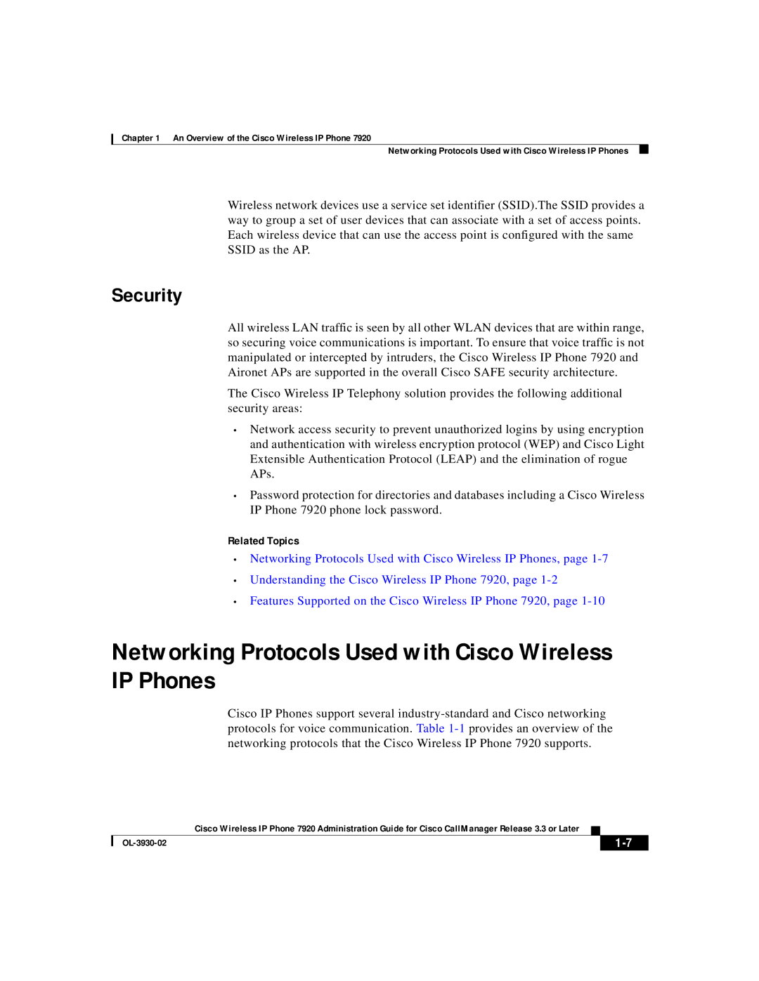 Cisco Systems 7920 manual Networking Protocols Used with Cisco Wireless IP Phones, Security 