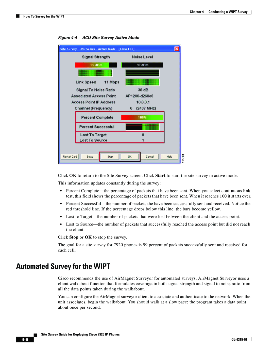 Cisco Systems 7920 manual Automated Survey for the Wipt, ACU Site Survey Active Mode 