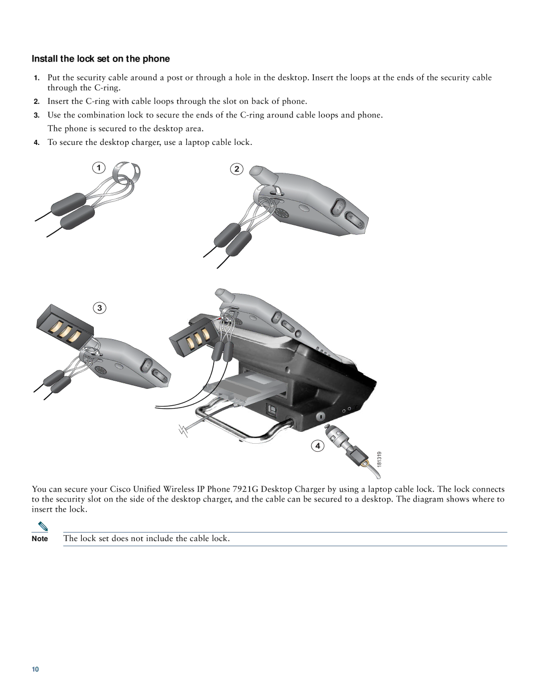 Cisco Systems 7921 manual Install the lock set on the phone 