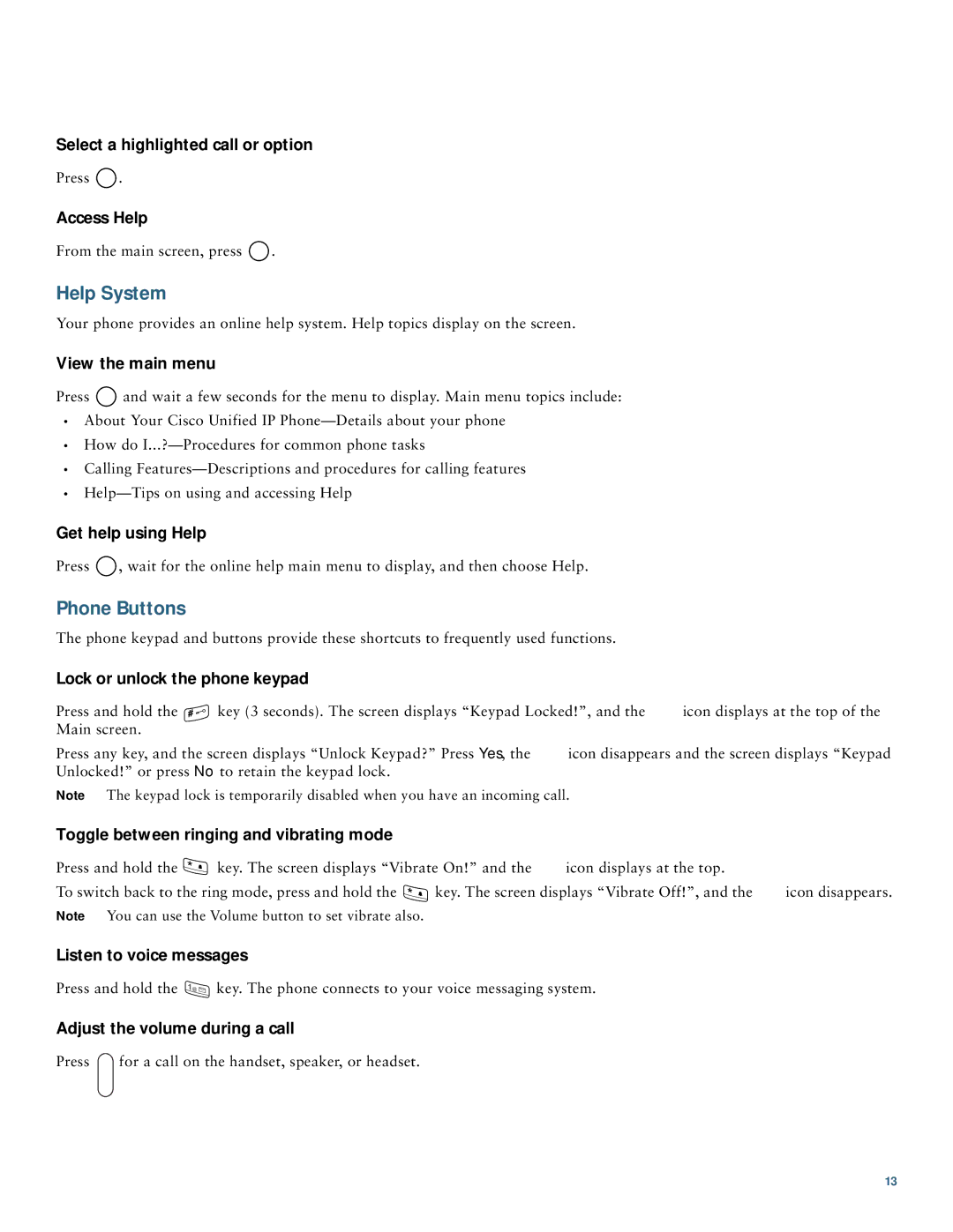 Cisco Systems 7921 manual Help System, Phone Buttons 