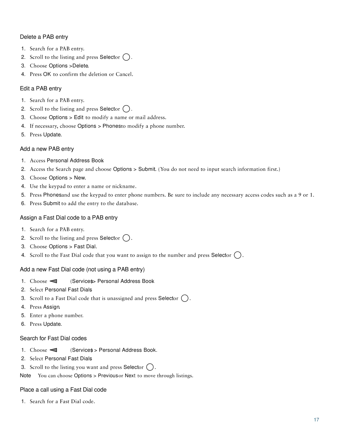 Cisco Systems 7921 manual Delete a PAB entry, Edit a PAB entry, Add a new PAB entry, Assign a Fast Dial code to a PAB entry 