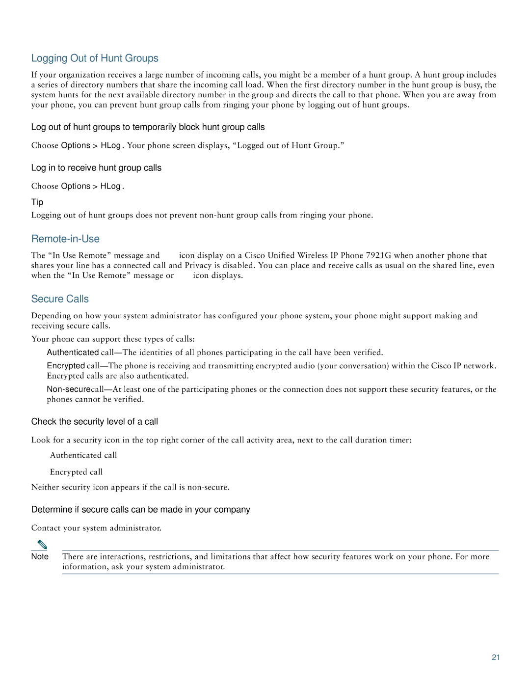 Cisco Systems 7921 manual Logging Out of Hunt Groups, Remote-in-Use, Secure Calls 