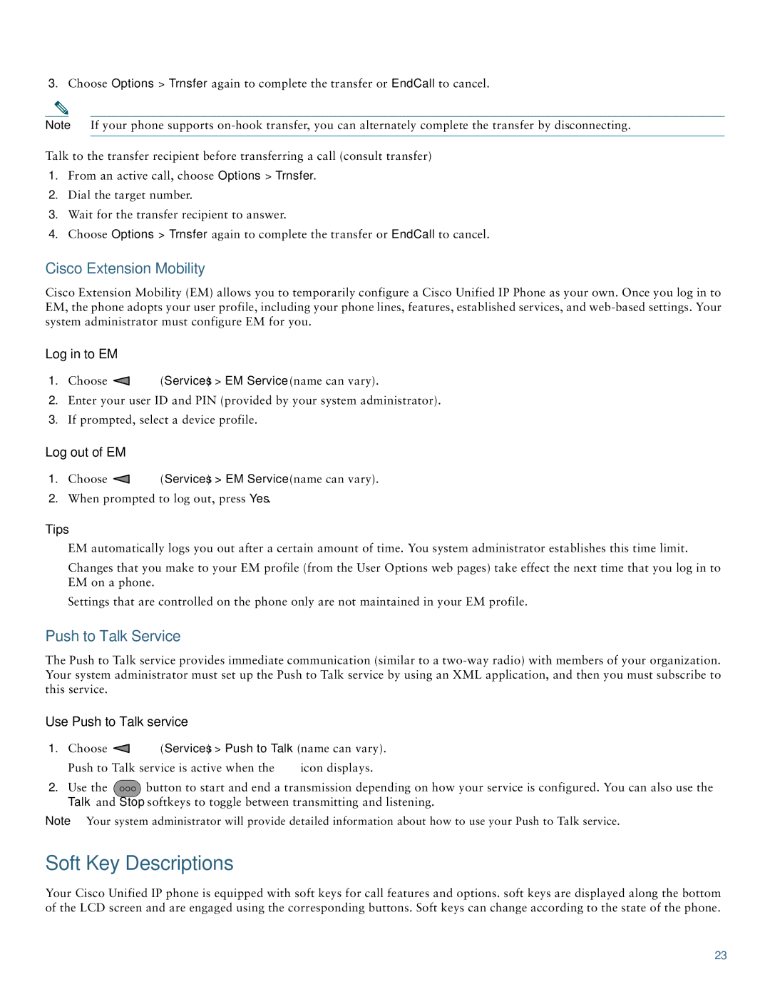 Cisco Systems 7921 Cisco Extension Mobility, Push to Talk Service, Log in to EM, Log out of EM, Use Push to Talk service 